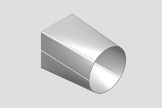 Screenshot from a CAD program depicting a circle gradually transforming into a square, in the form of a piece of virtual sheet metal bent into a cylinder with a lofted cross-section.