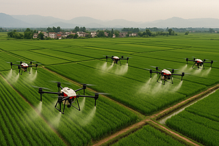 ChatGPT generated panoramic aerial image of drone swarm spraying crops