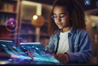 A student with glasses engaged in virtual learning, using a tablet computer for educational purposes.