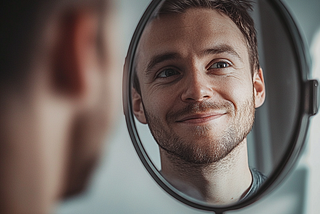 Man looking at himself smiling in mirror