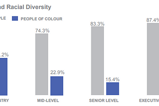Bar chart showing racial diversity between white and racialized planners at different levels of seniority. As the level of seniority increases, the proportion of white to racialized planners increases dramatically from about an approx 50/50 split at entry level to an approx 75/25 split at mid level and approx 95/5 split at executive level (approx 5% racialized planners at executive level)