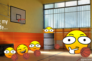 A smiling emoji sticks its head out of a stack of tires while other players and their coach look on. The text reads “Living my Zen life”.