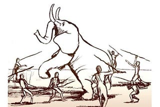 Early humans hunting an elephant