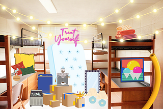 The image depicts a decorated dorm room with bunk beds. There are string lights hanging across the ceiling, and various decorative items are scattered throughout, including colorful pillows, a stack of folded towels, a coffee machine, boxes, and an ice machine. There are also illustrations of lamps, a vanity mirror, and a wall art piece showing a sunset with ice cream cones. The phrase “Treat Yourself” is written in neon-style text on the wall.