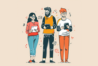 Illustration about 3 person in wearing casual clothes holding their iPads walking on the street