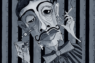 Drawing of a dapper man holding a martini in one hand and a cigarette in the other. Image by Author.