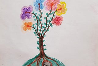 Colored drawing. A hill with stones looking like fetuses and a flower tree growing on top of the hill, roots going down to the fetuses.