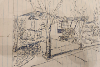 Image of a two-perspective sketch of a building and wintry trees