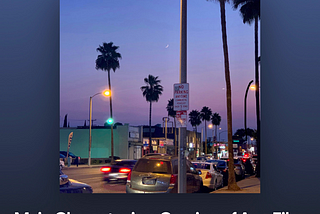 Image of a purple sunset on a busy street lined with palm trees with playlist name: main character in a coming of age film.