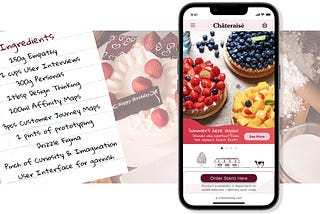 Cover photo containing a UX ingredient list and a phone mockup against a backdrop of a messy baking table top.