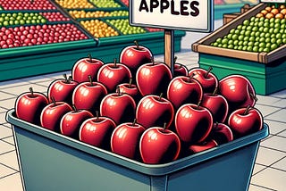 A bin filled with shiny, perfect-looking plastic apples in a supermarket, complete with a sign that declares them as “Plastic Apples.”