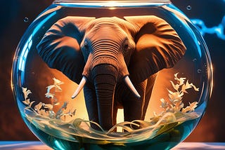 A vibrant, realistic African elephant, meticulously rendered in warm, golden light, stands majestically within a gleaming, crystal-clear glass fishbowl, surrounded by soft, delicate seaweed and subtle air bubbles, evoking a sense of wonder and curiosity, wrinkled forehead, against a rich, electric blue background, infused with a cinematic quality, blurring the lines between reality and fantasy, inviting the viewer to ponder the unlikely, whimsical scenario unfolding before their eyes.