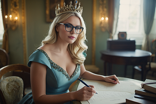 The author, a blonde woman with black glasses, is sitting in her writing room wearing a bejeweled crown and a light blue gown with gem and embroider trim. She is looking pensive with her pen poised above the pages of her open writing journal.