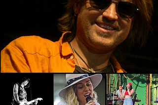 A collage featuring the Cyrus musical family. The top half shows Billy Ray Cyrus smiling in sunglasses and an orange shirt. The bottom half includes three smaller images: Trace Cyrus playing electric guitar in a black-and-white photo, Miley Cyrus singing into a microphone while wearing a white hat, and Noah Cyrus performing on stage in a red bandana and crop top with a keyboardist behind her.