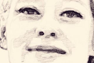 An electronic drawing, zoomed in on the photo that circulates on all media or Renee Nicole Good. You see mostly the eyes, looking straight at the reader, and a faint, distant smile.