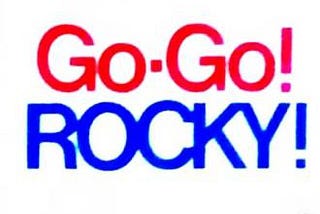 This red and blue bumper sticker from Nelson Rockefeller’s 1968 presidential campaign says “Go-Go! Rocky!”