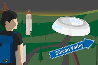 graphic of a person standing in a landscape in Brazil, wearing a backpack and looking toward an arrow labeled “Silicon Valley”