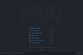 Main screen of Doom Emacs with a Doom logo made out of ASCII and the default options present on this Emacs main menu.