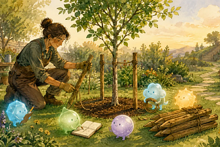 A gardener gently removes the support stakes from a young tree that has grown strong enough to stand on its own, while several small glowing AI companions carefully coil the ropes, take notes, and neatly stack the retired stakes, symbolizing a successful practice whose lessons endure after the implementation is retired.