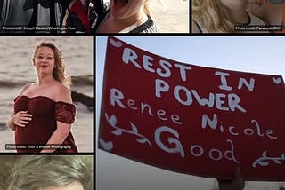 A variety of phtos featuring Renee Nicole Gold including one with her wife, one with her pregnant, and a sign at a memorial to her life.