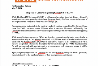 Response to Concerns Regarding Gerami Gift to FAMU