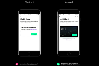 Comparison of screens in Versions 1 and 2 for adding Elli card to account