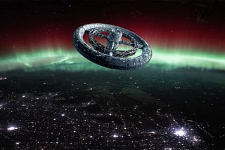 A circular, rotating space station with artificial gravity in orbit above the Earth at night. Aurora are visible in the distance.