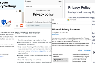 A collage of privacy policy webpages from Amazon Alexa, Google, Reddit, OpenAI, Microsoft, and a fictional company.