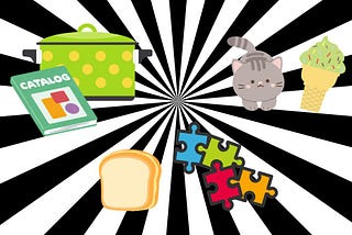 Collage image with a black and white striped background and various cartoon items including a cooking pot, catalog, cat, ice cream cone, bread, and puzzle pieces.