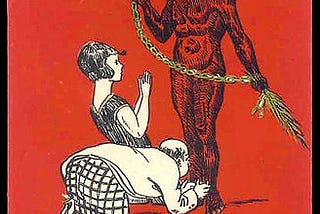 A devil holding up a gold chain with a horseshoe-shaped end. A young girl in a dark dress is kneeling in front of the devil with her hands held up like a triangle, as if she is praying or pleading. A balding man in checkered pants and a blazer is kneeling and bowing down to the ankles of the devil.
