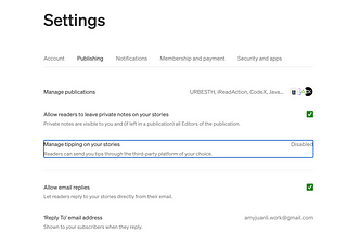 settings page of Medium web