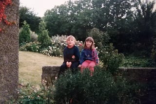 A boy and a girl sit on a garden wall.