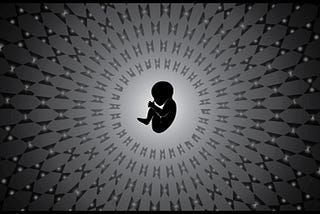 An artistic image of a baby floating in space, surrounded by a ring of DNA chromosomes that are forming from nearby stars.