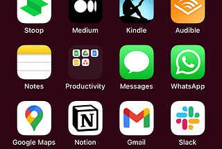Screen shot of an iPhone home screen showing reading, productivity and messaging apps