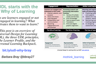Universal Design for Learning (UDL) starts with the WHY of learning. This post is an overview of UDL, the three UDL principles, the Learner profile, and the Personal Learning Backpack