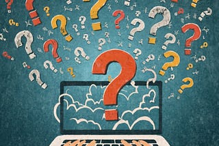 Millions of question marks flying from a laptop screen into the air. Two hands rest on the laptop keyboard.