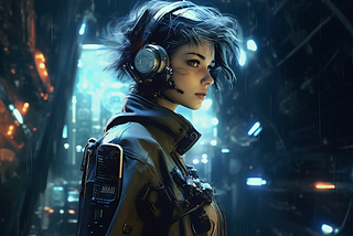 A genderpunk person with short-cropped black hair and light skin wearing big mission control type headphones, and jacket with electronics on it. In the background is a gritty city.