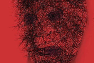 Artwork of a face drawn in black lines against a red background