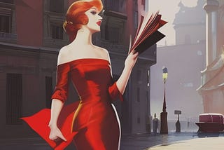 Imagem abstrata de uma mulher ruiva e de vestido vermelho em meio a cidade