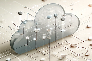 Modern, artistic representation of cloud technology, featuring two large, mesh-like cloud shapes interconnected by a network of nodes and lines, set against a cream-colored background with geometric patterns.