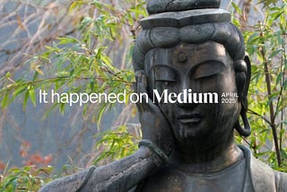 statue in the forest of Nikko, with text overlay: it happened on medium april 2025