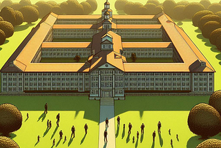 The image depicts a large, fortress-like institutional building with uniform windows and central towers, surrounded by greenery. Silhouetted figures walk toward the entrance, casting long shadows. The scene evokes control, confinement, and surveillance, echoing historical abuses of institutionalization and the risks of reviving such spaces under the guise of wellness.