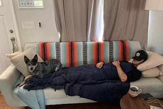Man sleeping on couch with dog at his feet
