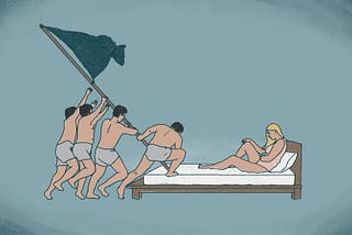 A bunch of guys work together to raise a flag on top of a bed, where a girl lies waiting.