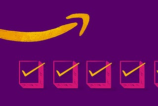 Yellow Amazon arrow on a purple background with checkboxes below indicating the steps to monitor performance and account health.
