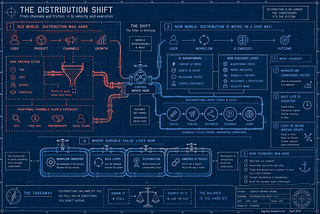 A dark-themed infographic titled “The Distribution Shift” contrasting the old world of slow, high-friction distribution channels (SEO, paid ads, partnerships, sales teams) with a new AI-powered world where distribution loops are tight and fast, models replace moats, and durable value comes from workflow ownership, data loops, and embedded processes.