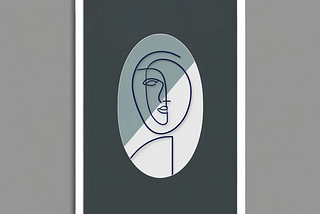 Abstract line art of a human face in shades of blue on a dark background, framed and displayed on a gray wall.