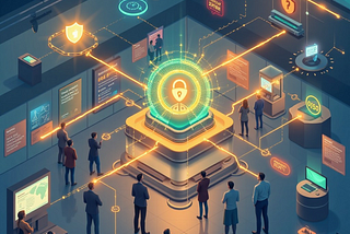 A digital art illustration showing a futuristic cybersecurity exhibit. A glowing padlock icon is displayed at the center of the scene, symbolizing data security and encryption, surrounded by interconnected circuits and holographic displays. People are gathered around, engaging with various interactive exhibits, including screens and terminals showing information about digital privacy, cryptography, and cybersecurity protocols.