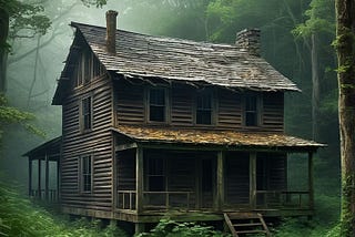 An abandoned brown old cabin in the woods.