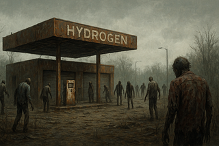 ChatGPT generated landscape picture of zombies shambling through a rusting, closed hydrogen refueling station